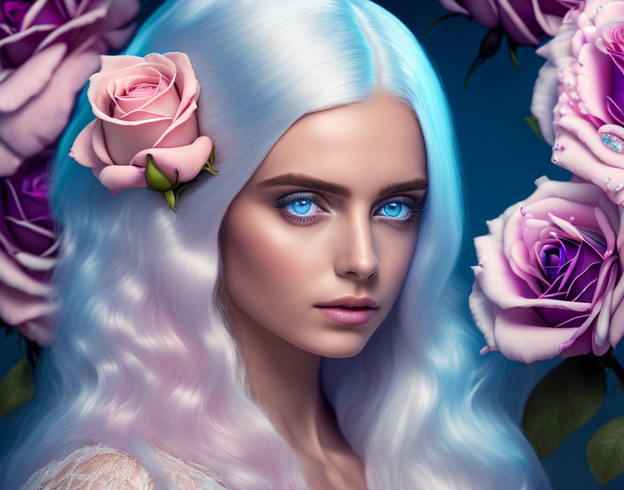 Portrait of Woman with Blue Hair and Eyes Among Pink Roses on Blue Background