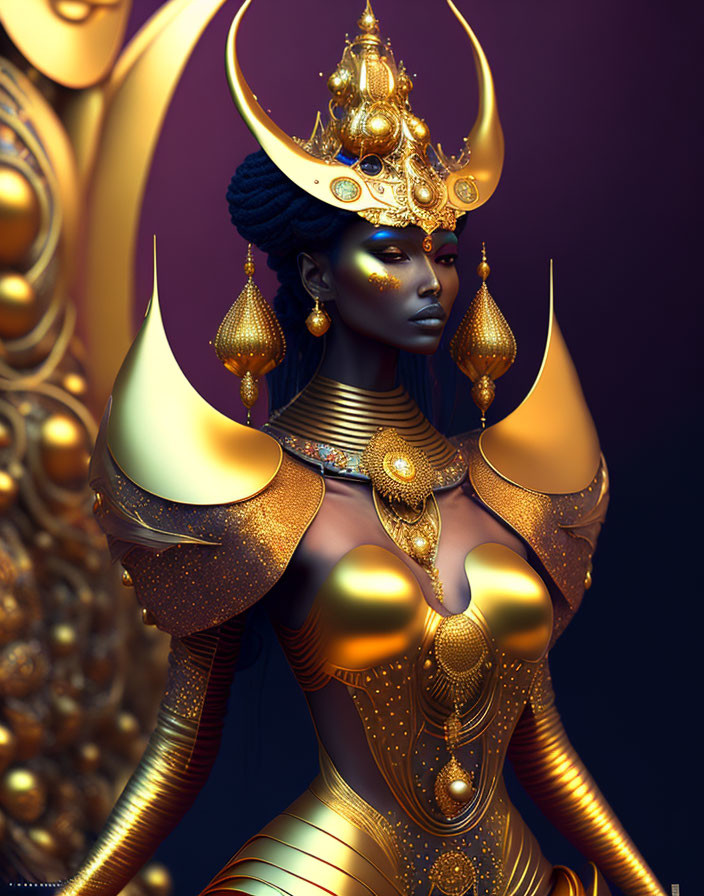 Ornate golden armor and majestic headdress on regal figure