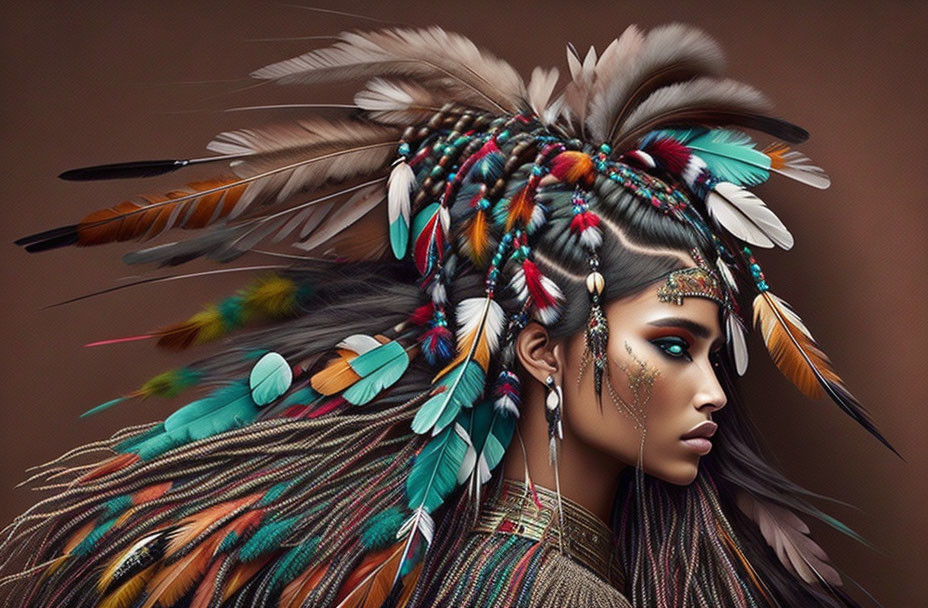 Colorful portrait featuring person with elaborate feathered headdress