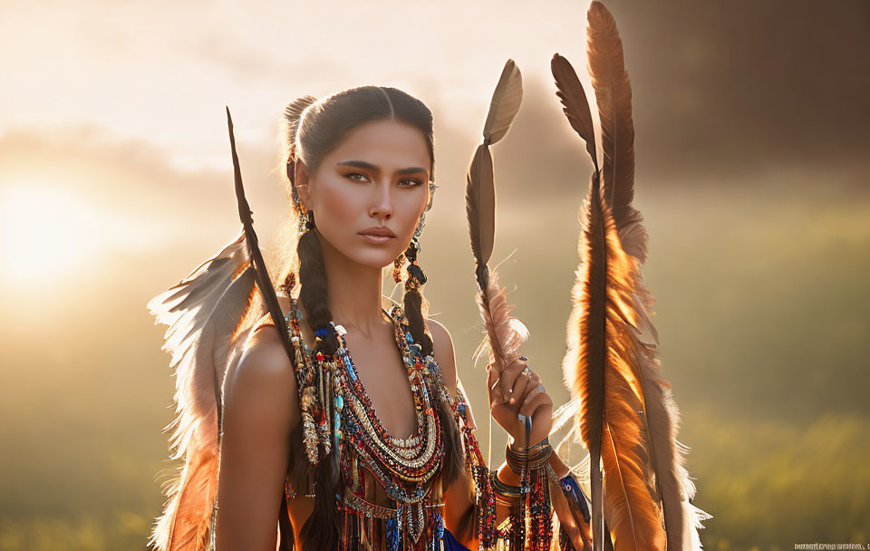 Woman in Native American attire holding feathers under warm backlight