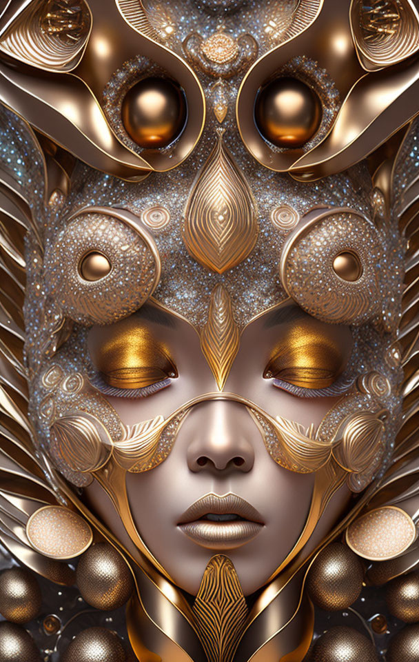 Intricate Gold-Masked Figure with Ornate Headdress