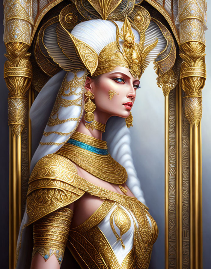 Regal woman with golden headgear and jewelry on grey backdrop