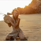 Woman in Native American attire holding feathers under warm backlight