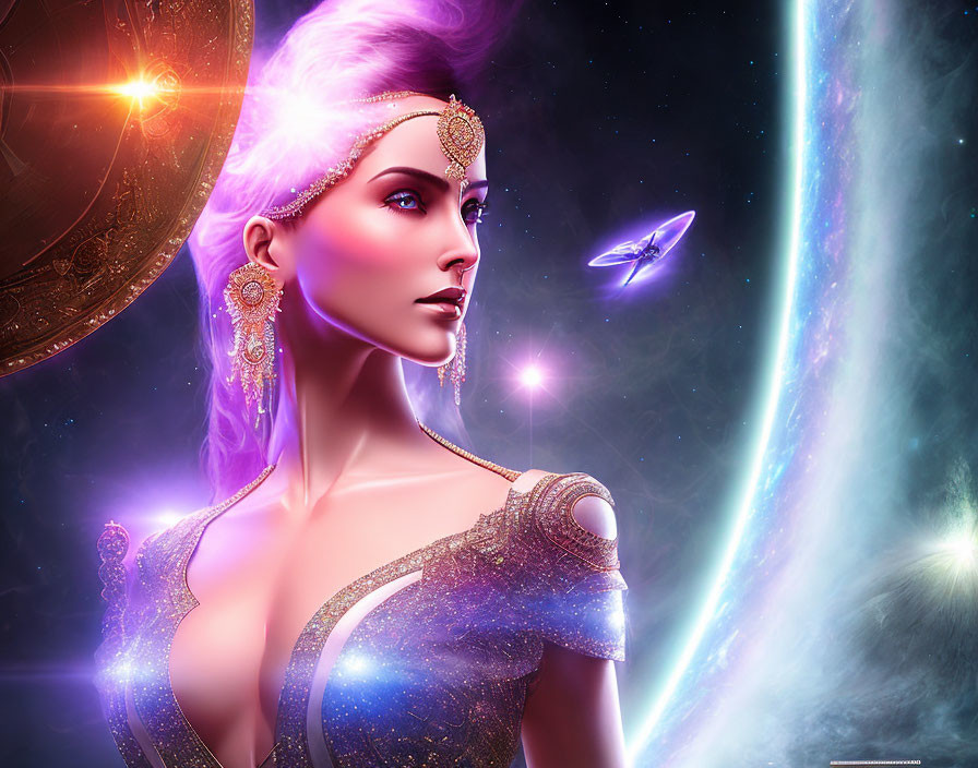 Digital artwork: Woman with purple hair and gold jewelry in cosmic setting