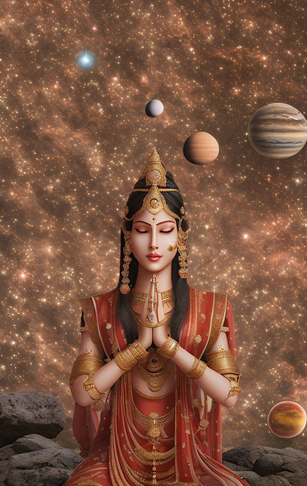 Illustration of female deity in traditional attire against cosmic backdrop