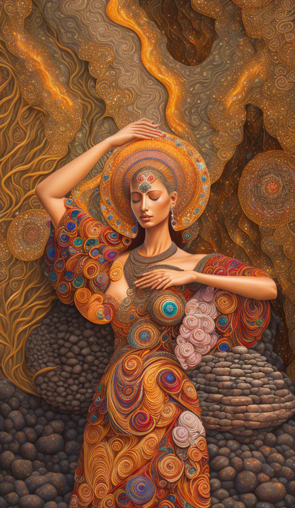 Stylized painting of woman in decorative attire with swirling patterns