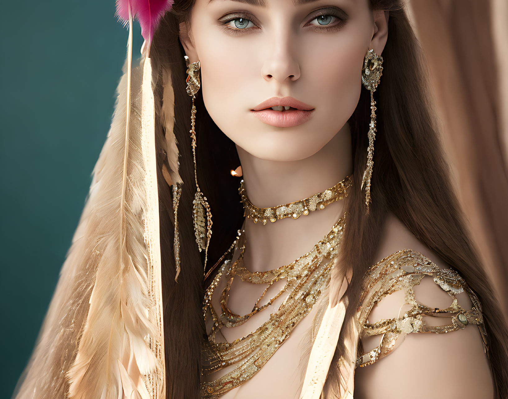 Woman showcasing golden jewelry and feathered accessories.