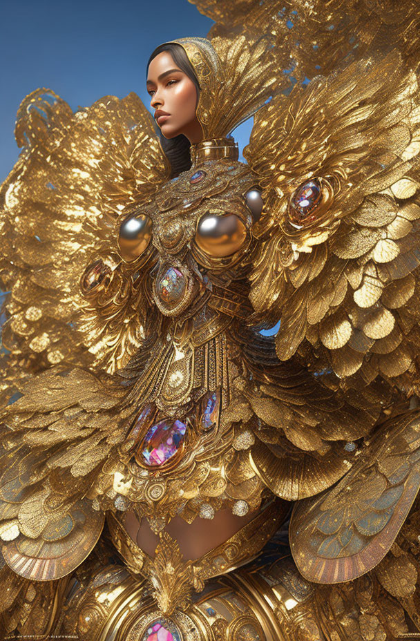 Elaborate Golden Costume with Feather-like Details and Jewels