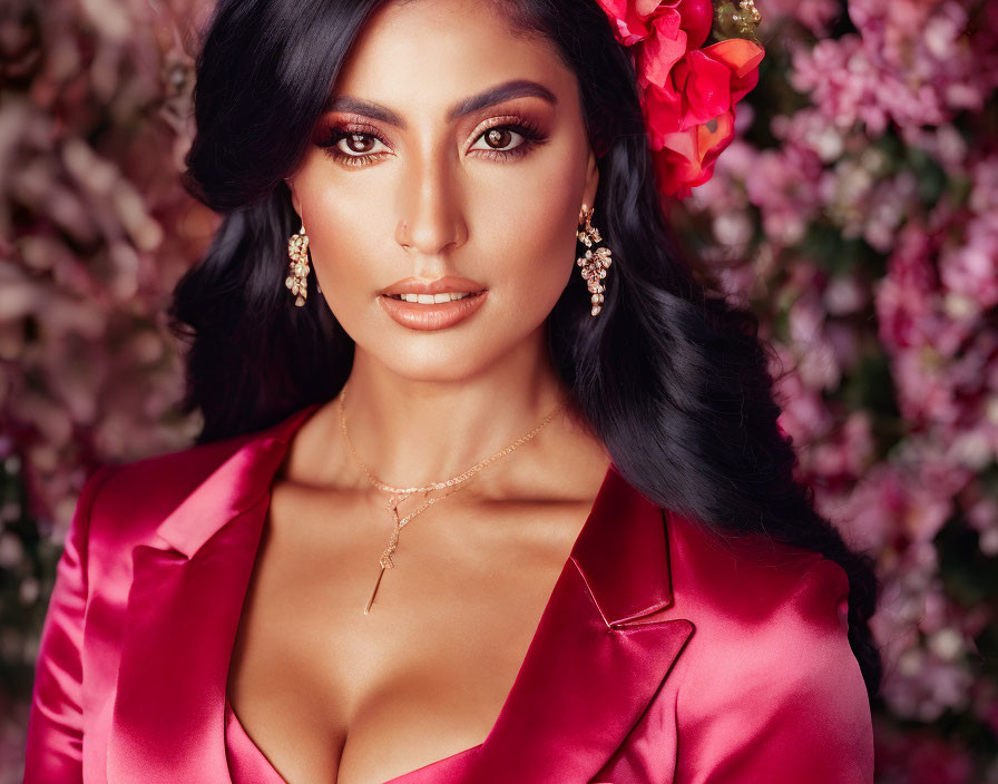 Woman in pink satin attire with red flower in hair and gold earrings posing against floral backdrop