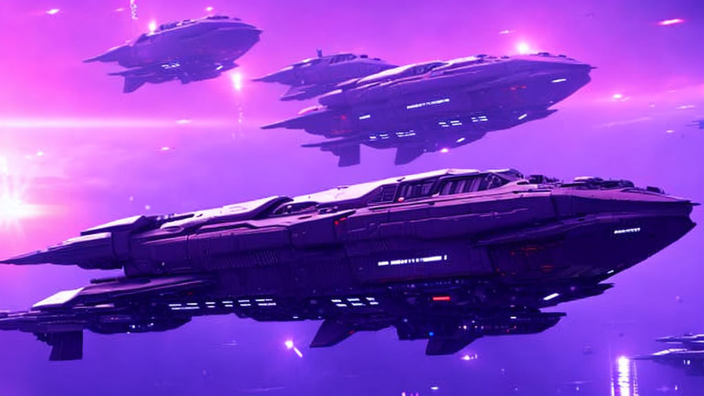 Futuristic spaceships hover in purple sky with bright lights