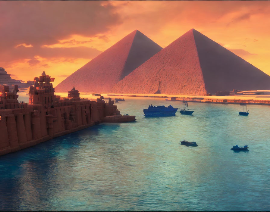 Great Pyramids of Giza at Sunset with Orange Sky and River View