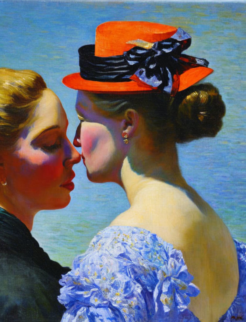 Artwork featuring two women in blue and black dresses with a striking red hat