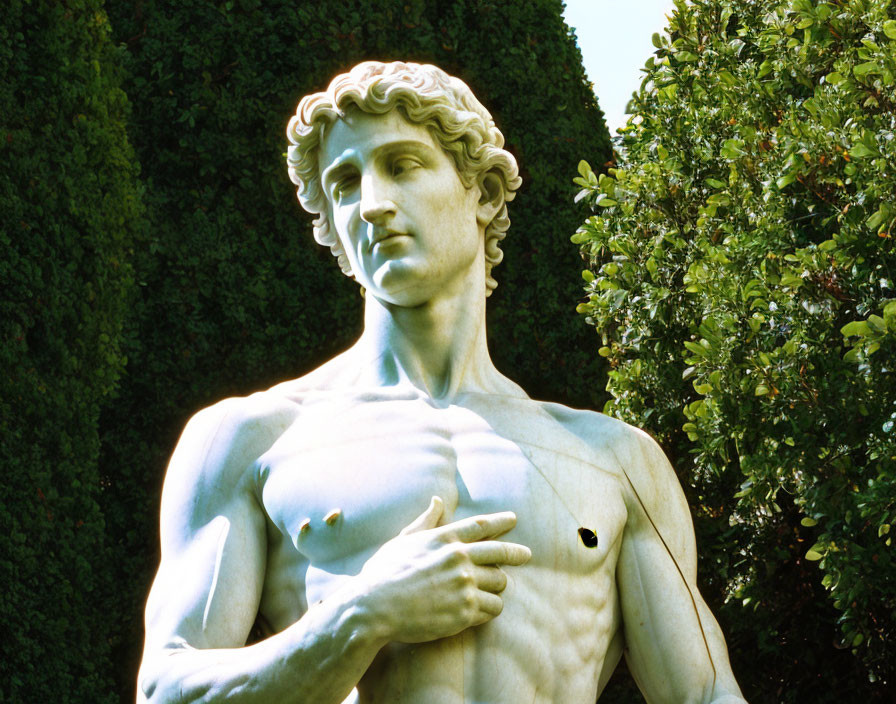 Detailed marble statue of David against lush green hedges