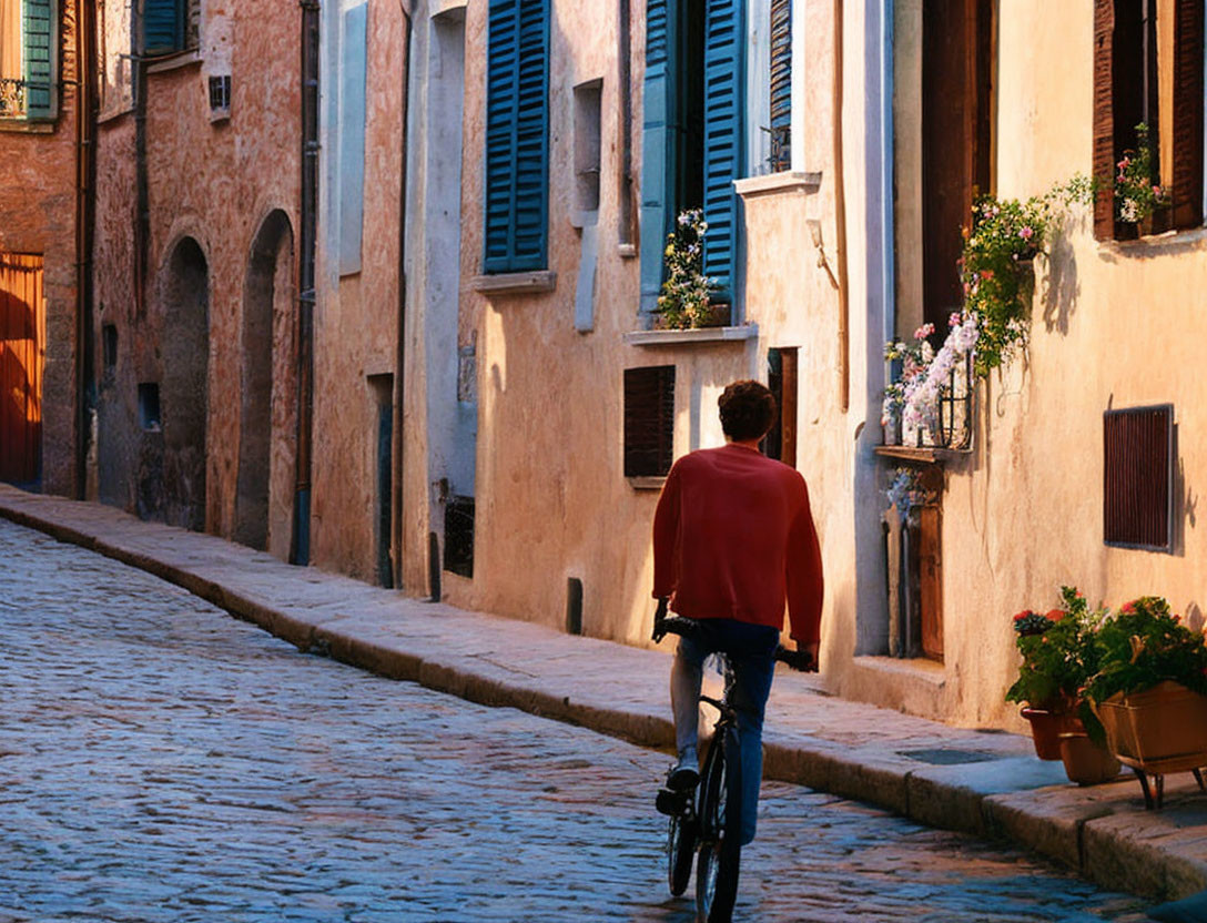 Person in Red Shirt Cycling Down Cobblestone Street with Old Buildings