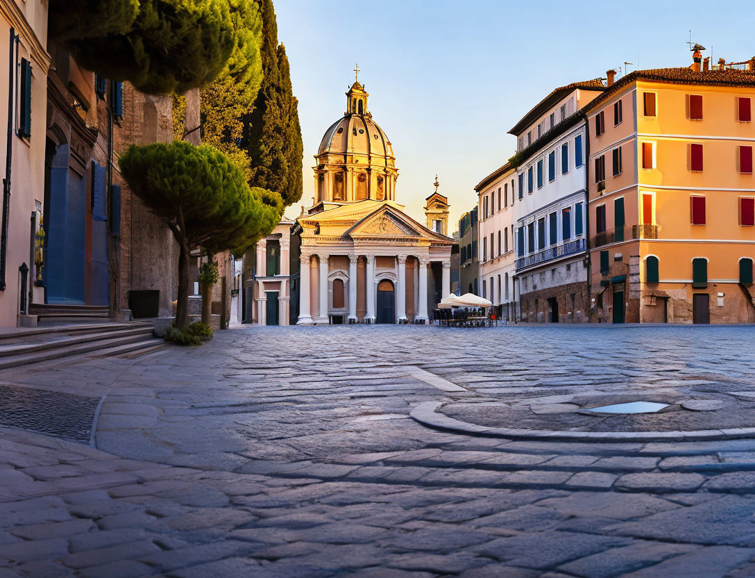 Cobblestone square with baroque church and colorful buildings at dusk