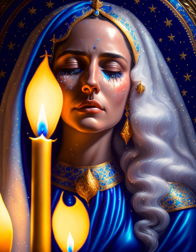 Woman with white hair in blue and gold attire holding a candle on starry background.