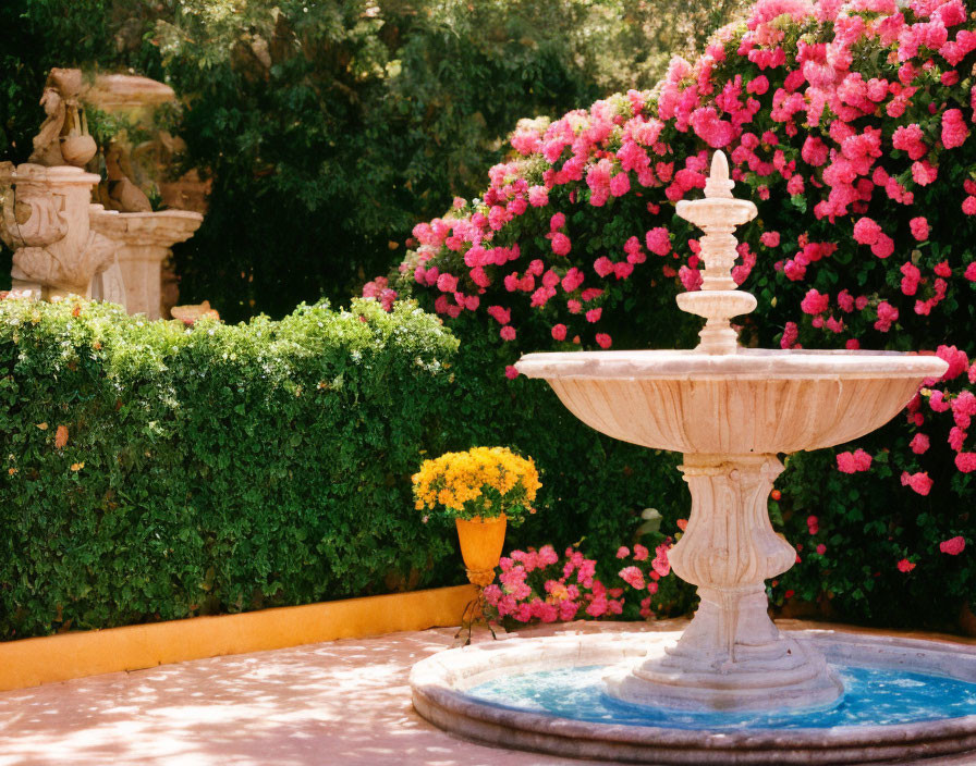 Stone Fountain in Sunny Garden with Pink and Yellow Flowers