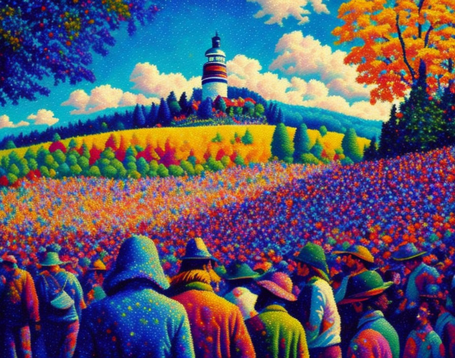 Colorful scene: People in hats by hilltop lighthouse amid autumn trees under starry sky