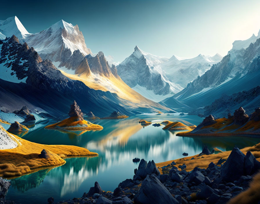 Tranquil mountain landscape with snow-capped peaks and serene lake