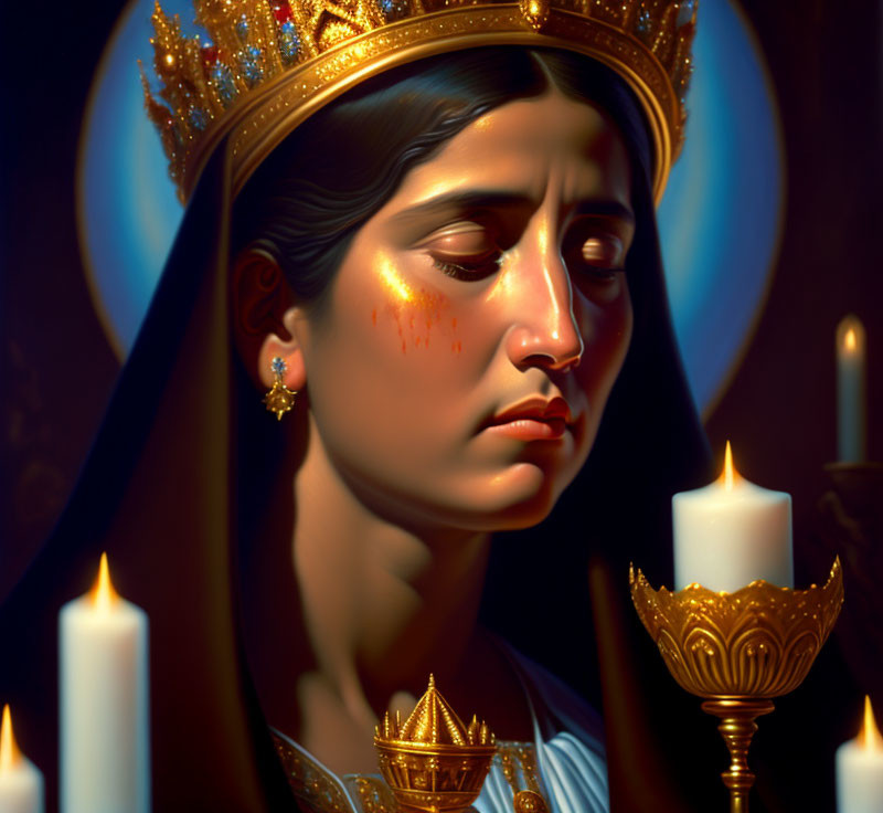 Illustration of sorrowful crowned woman with teardrops, candles, and crown on dark background