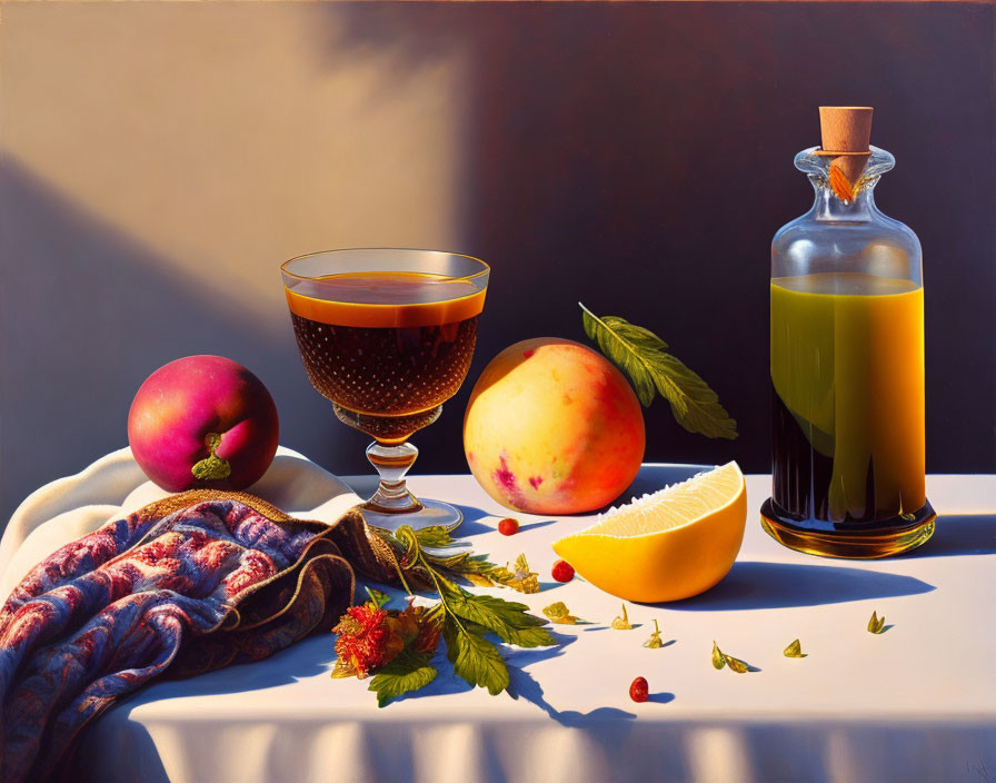 Still life painting with glass, peaches, bottle, and leaves on draped cloth.