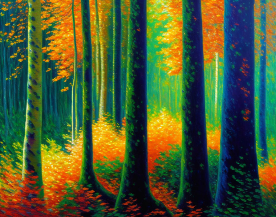 Colorful forest painting with orange and yellow foliage and blue tree trunks