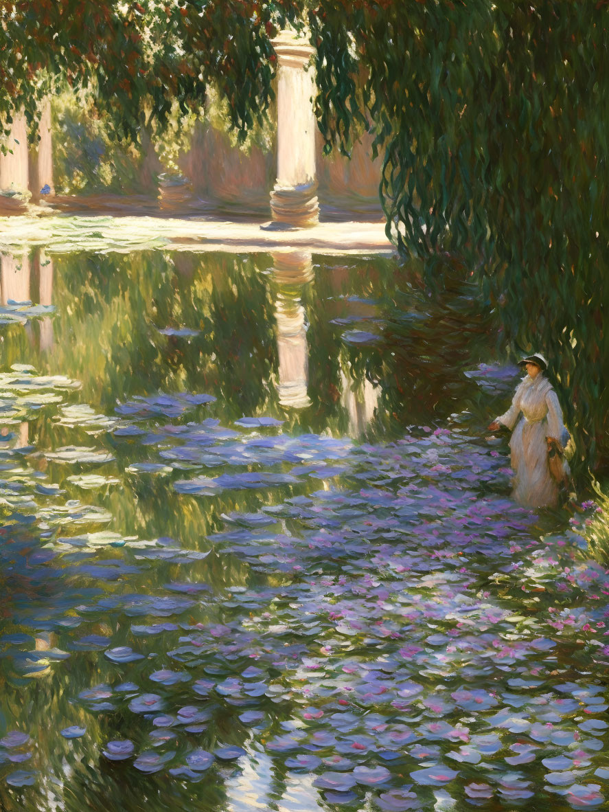 Tranquil Pond with Water Lilies and Figure by Classical Column