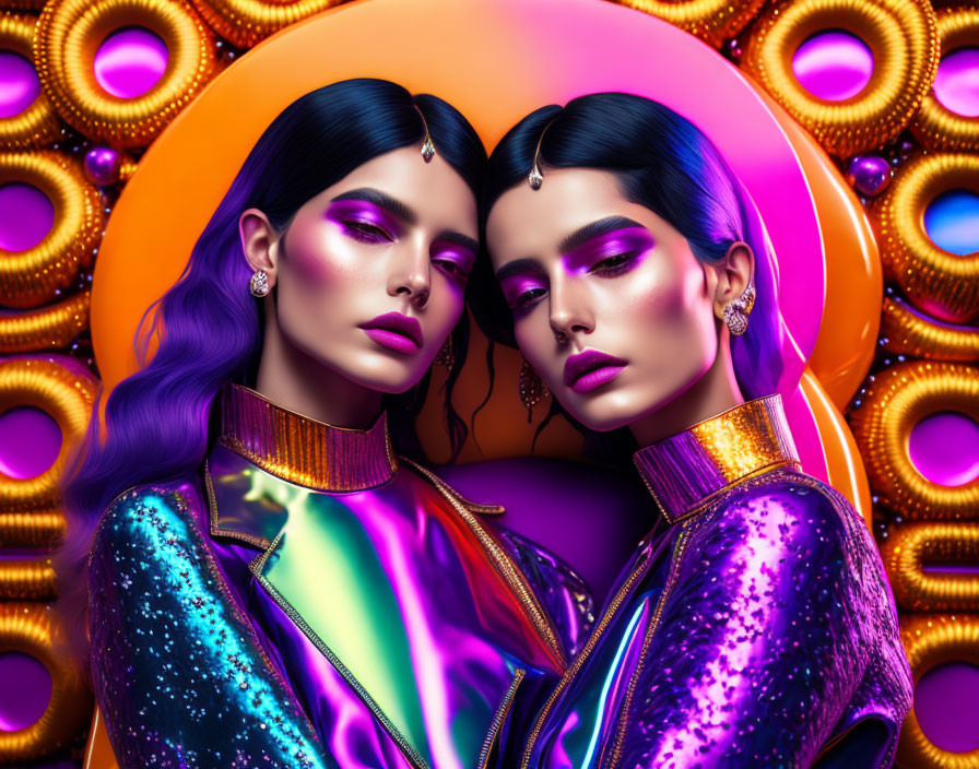 Vibrant blue-haired women in shiny purple outfits on colorful background