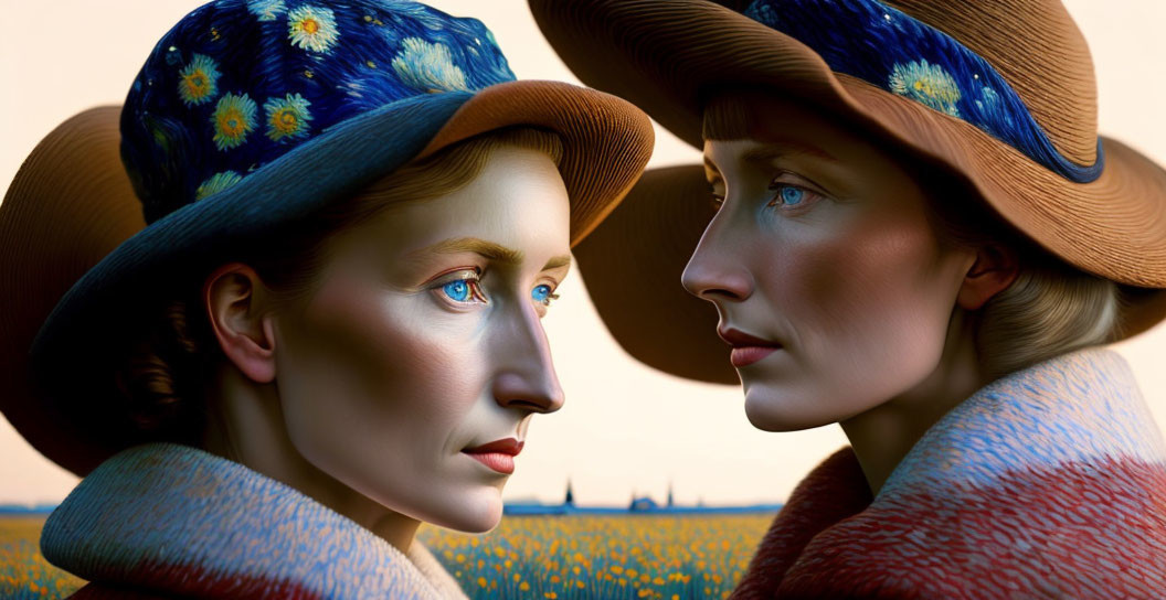 Women in Van Gogh-style hats and coats meet in flower field scenery