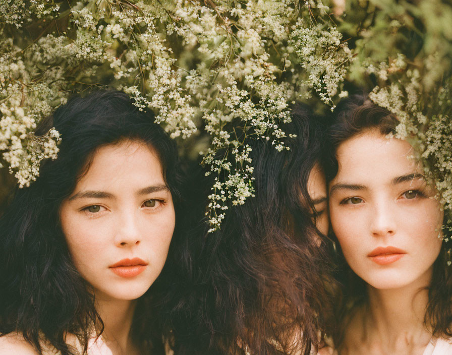 Two women with dark hair amid white flowers, serene and thoughtful gaze