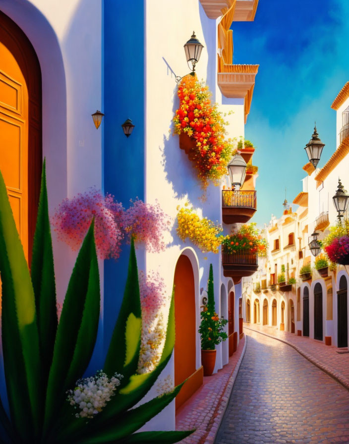 Colorful flowers and lanterns on white buildings in vibrant street scene