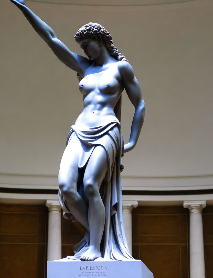 Marble statue of female figure with extended arm and "LA FIDICA" on pedestal