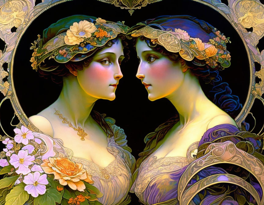 Mirrored women in ornate floral hats with art nouveau backdrop