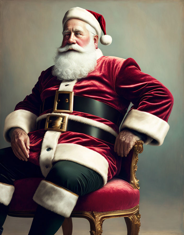 Santa Claus in traditional red and white suit on gold chair