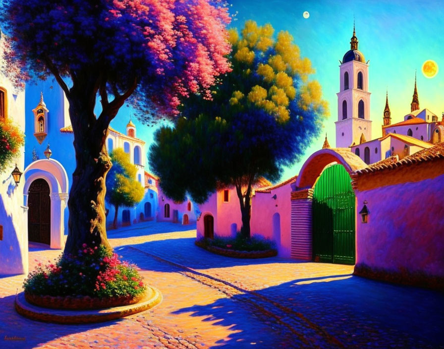 Colorful painting of village street at dusk with full moon, trees, flowers, and traditional architecture