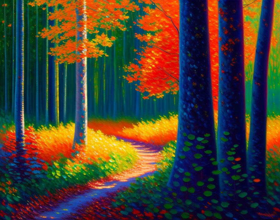 Forest Path Painting: Sunlight Through Autumn Trees