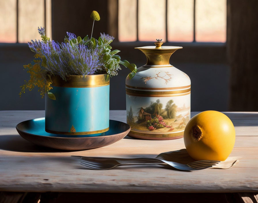 Still life with blue vase, lavender, ceramic urn, yellow sphere, wooden plate, and forks