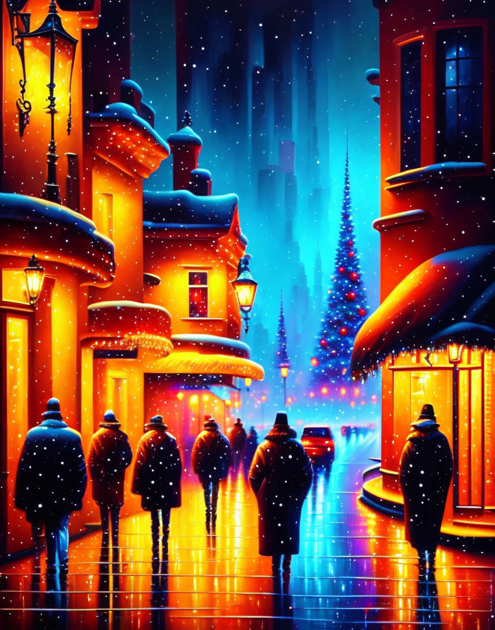 Snowy Night Street Scene with Christmas Tree and Starry Sky