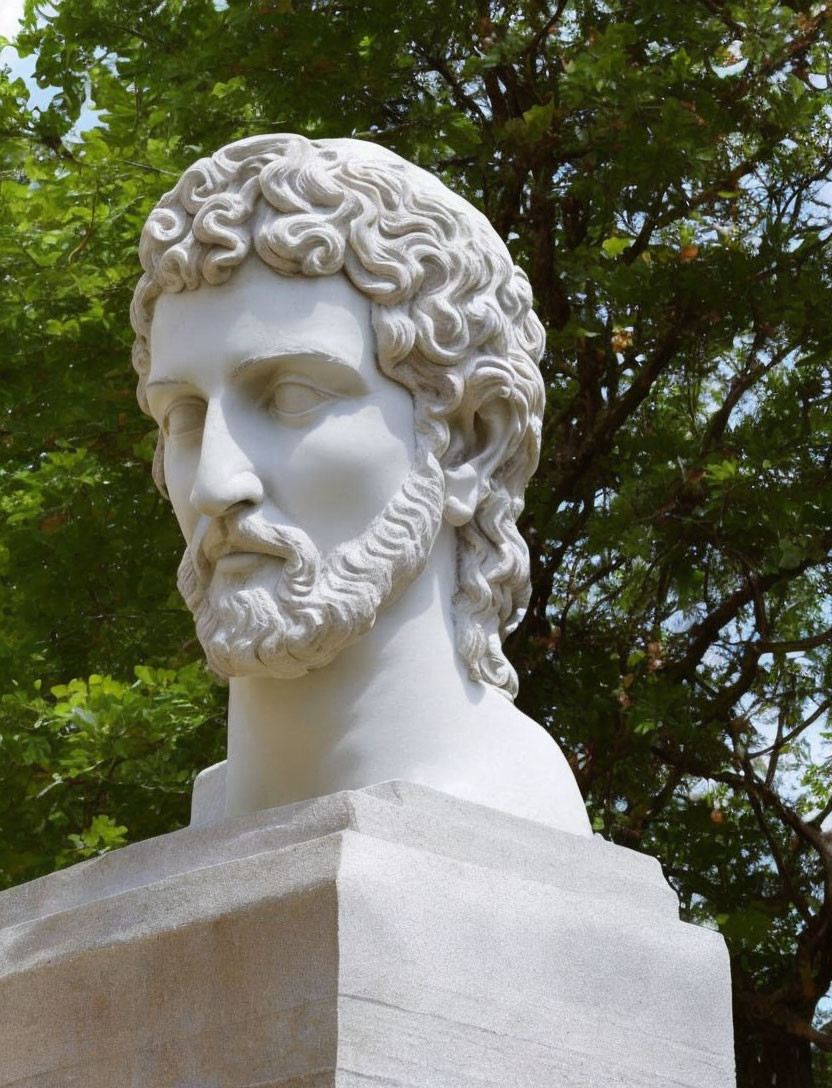 Classical marble bust of bearded male with curly hair and green foliage background