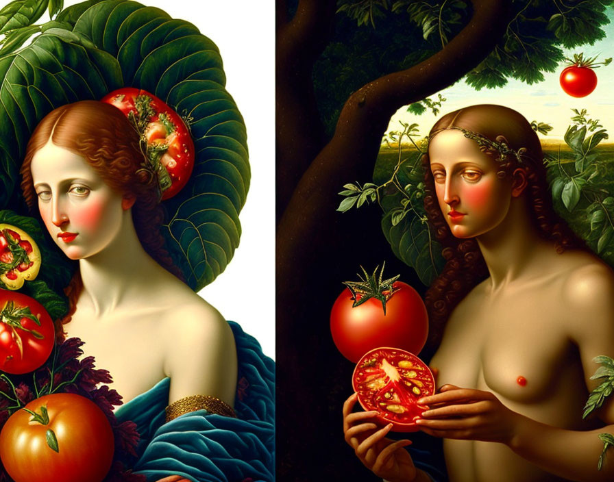 Two women styled as classical figures with tomato motifs in lush backdrop