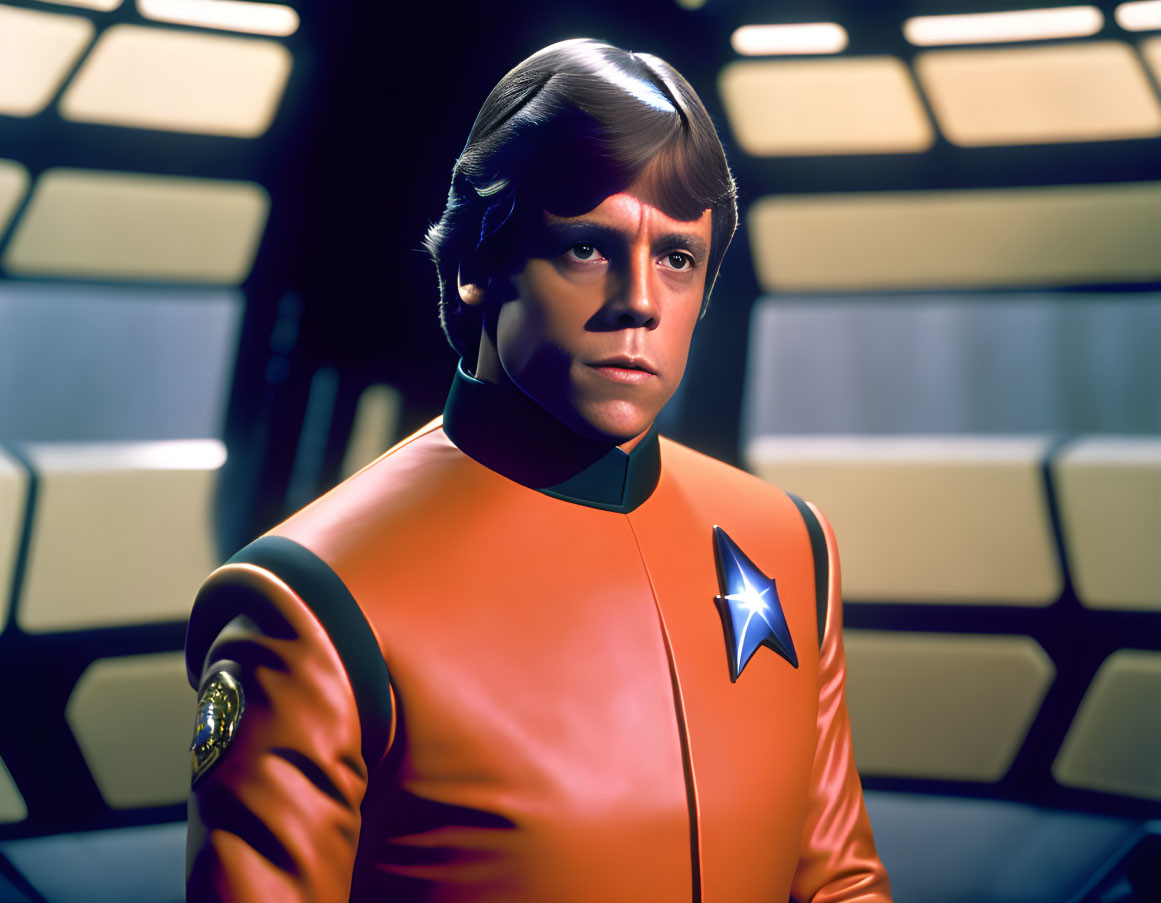 Futuristic orange uniform with blue star emblem in front of hexagonal patterns