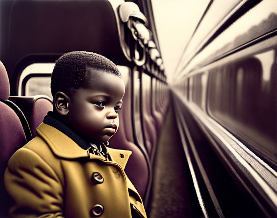 Child in Yellow Coat Contemplates Scenery from Train Window