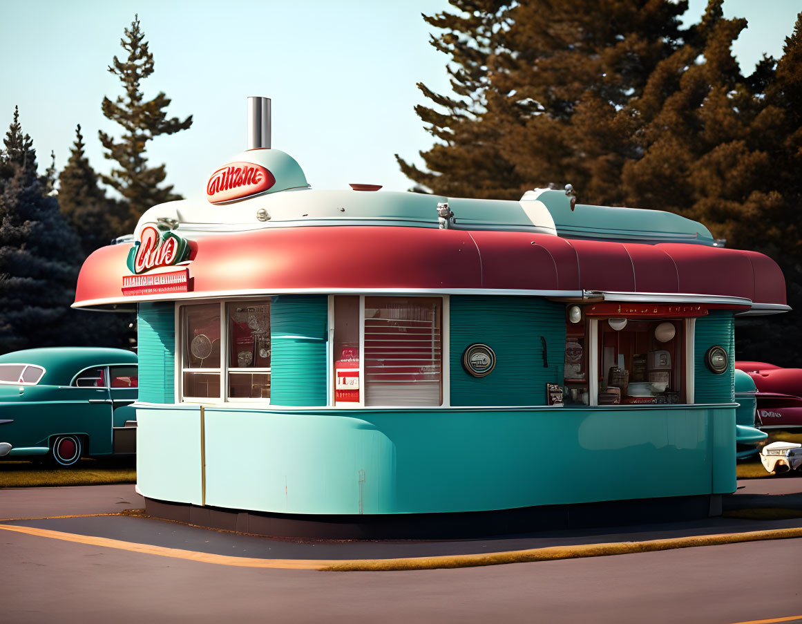 Vintage American diner with red and turquoise color scheme and classic cars outside.