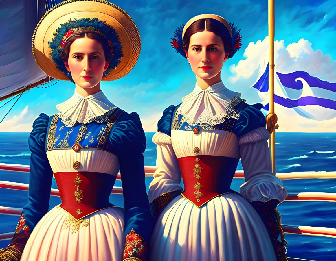 Two women in maritime costumes with blue sea and ship rigging, wearing hats with flag in background.