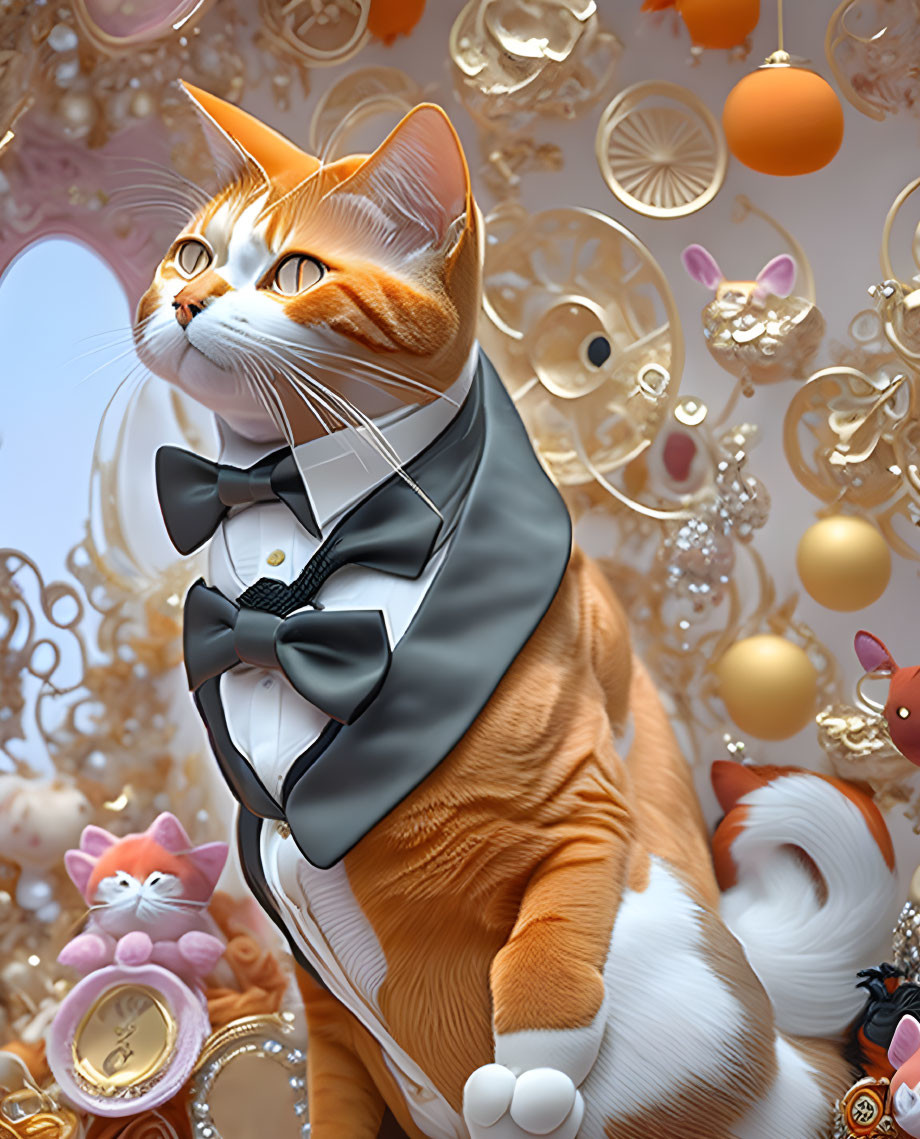 Orange and White Cat with Bow Tie Surrounded by Whimsical Floating Objects