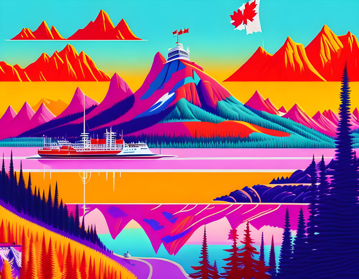 Colorful Canadian landscape with neon palette and ships in digital art