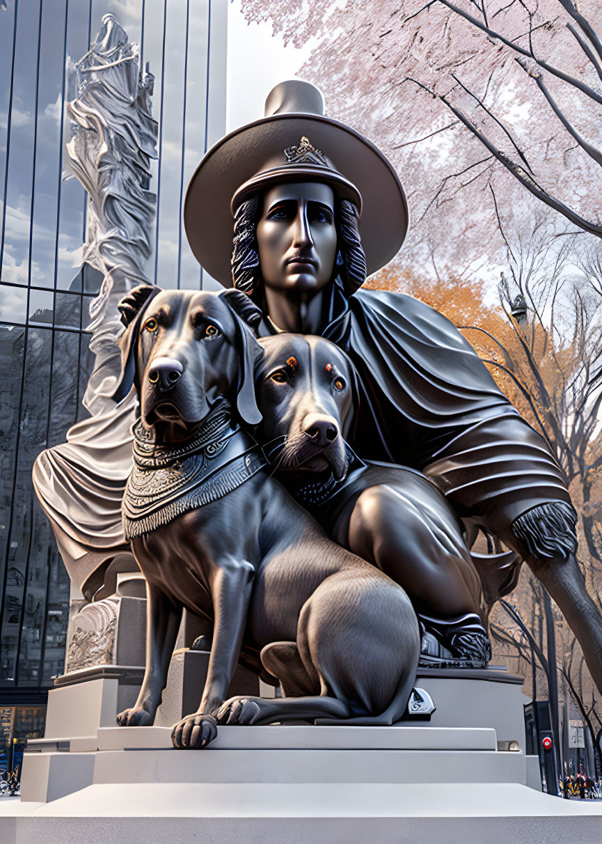 Traditional Attire Woman Statue with Two Dogs in Nature Setting