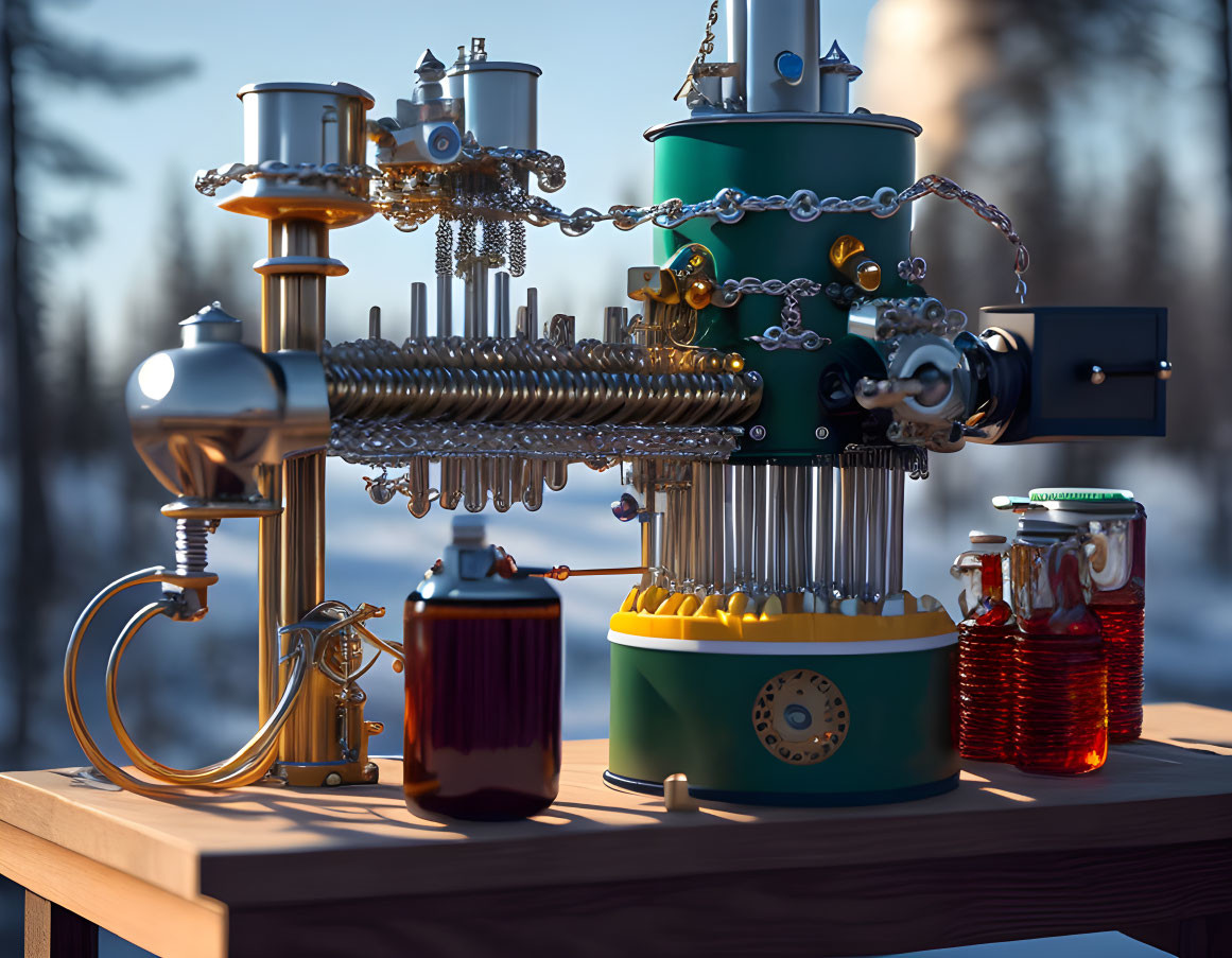 Steampunk-style coffee machine on wooden table in snowy forest