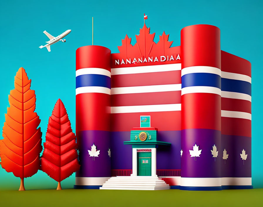 Vibrant illustration of whimsical Canadian passport-themed building