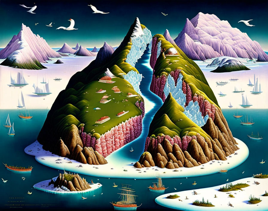 Vibrant surreal landscape with green and pink mountains, waterfalls, birds, boats, and seasonal